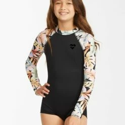 BILLABONG Girls' Core Boyshort Long Sleeve Swimsuit BLACK PEBBLE