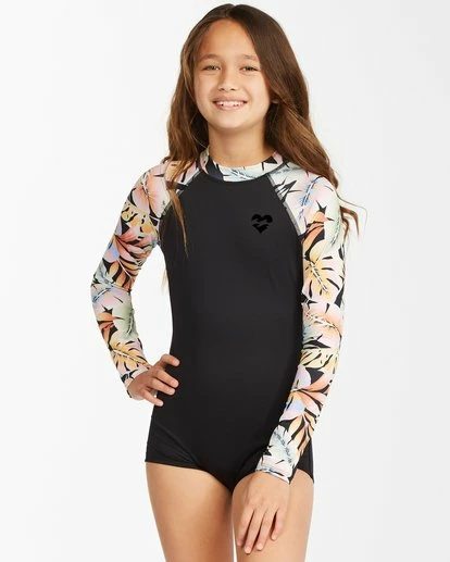 BILLABONG Girls' Core Boyshort Long Sleeve Swimsuit BLACK PEBBLE 1 BILLABONG Girls' Core Boyshort Long Sleeve Swimsuit BLACK PEBBLE