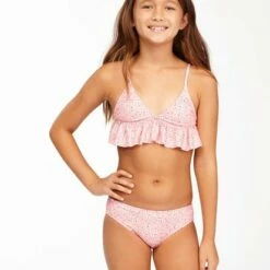 BILLABONG Girls' Feelin Ditsy Ruffle Triangle Bikini Set CORAL PINK